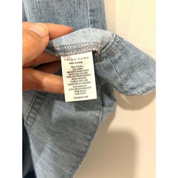 Trina Turk Anemones Chambray Self Tie Waist A-Line Mini Dress Blue Womens Sze XS - Picture 5 of 5